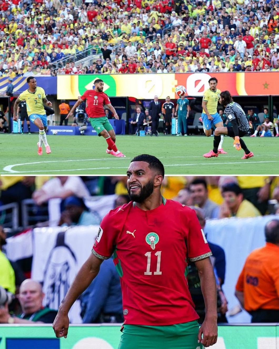 إسماعيل الصيباري يسجل هدف المغرب في شباك البرازيل.
