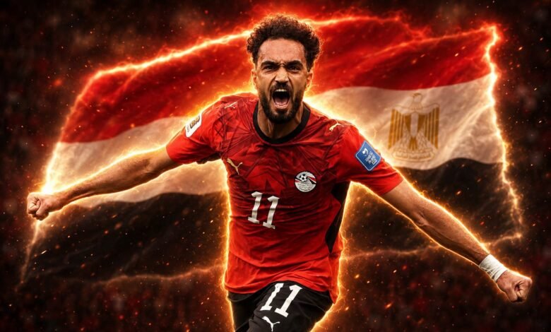 لاعب منتخب مصر مصطفى زيكو بقميص الفراعنة في بطولة كأس العالم.