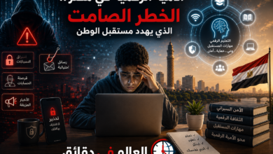 صورة تعبر عن مخاطر الأمية الرقمية في مصر، وأهمية نشر الوعي الرقمي وتعليم الأمن السيبراني والذكاء الاصطناعي داخل المدارس والجامعات.
