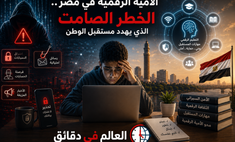صورة تعبر عن مخاطر الأمية الرقمية في مصر، وأهمية نشر الوعي الرقمي وتعليم الأمن السيبراني والذكاء الاصطناعي داخل المدارس والجامعات.